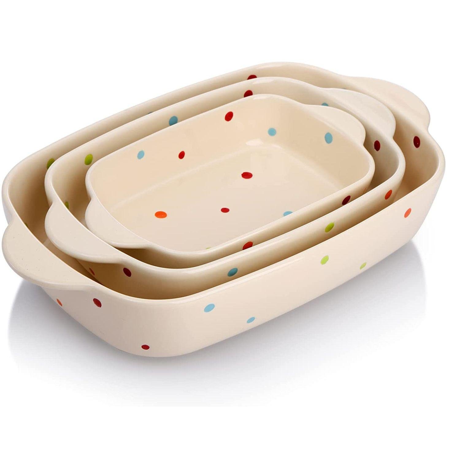 AVLA Porcelain Bakeware Set, Ceramic Baking Dish Pans with Handles for Baking, Rectangular Casserole Dish Set, Lasagna Pans for Cooking, Cake Dinner, Kitchen, 3-Piece ( Beige )