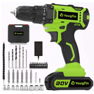Yougfin Cordless Drill Driver, 20V Power Drill with Lithium-Ion Battery and Fast Charger, 2 Speed Setting,34pcs Accessories Kit,25+1 Position Clutch Power Tool for Home Improvement