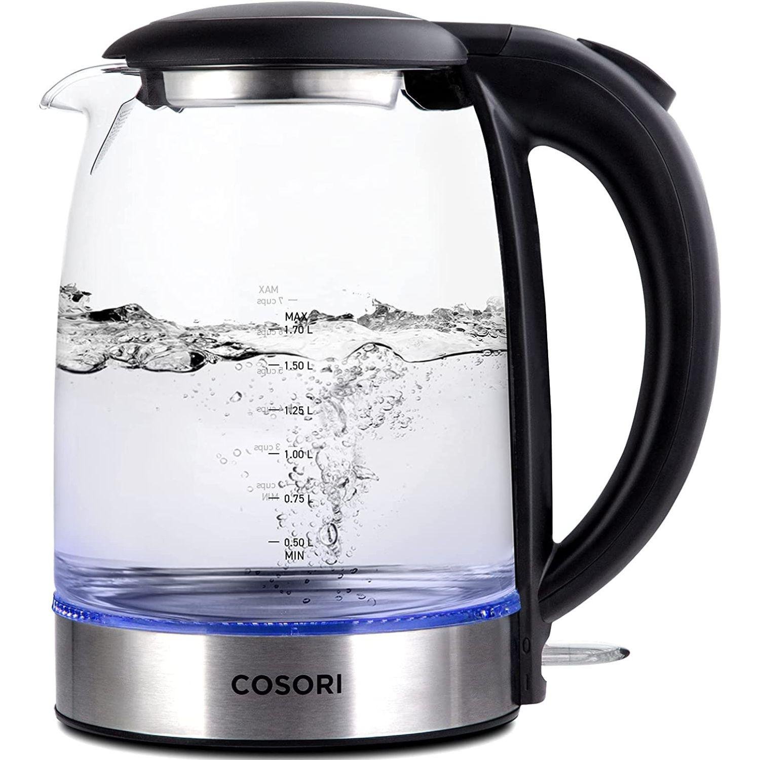 COSORI Electric Kettle with Stainless Steel Filter and Inner Lid, 1500W Wide Opening 1.7L Glass Tea Kettle & Hot Water Boiler, LED Indicator Auto Shut-Off & Boil-Dry Protection, BPA Free, Matte Black